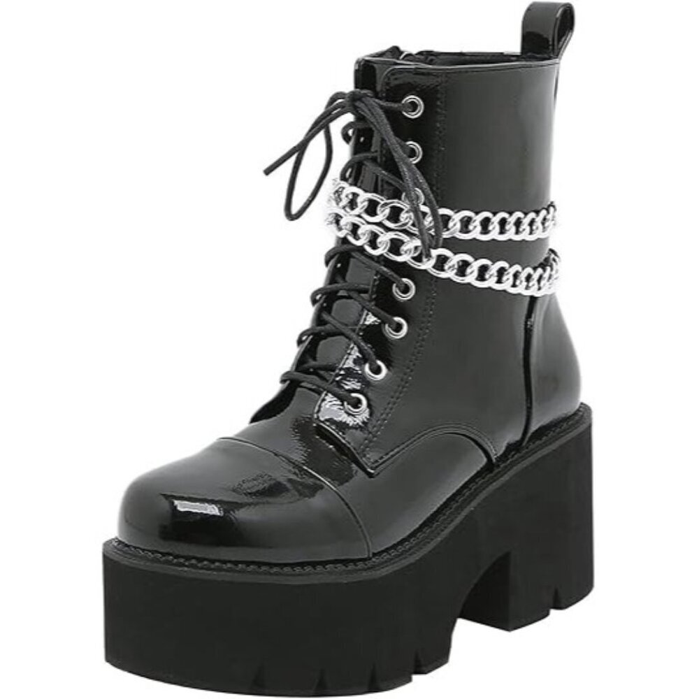 Black Patent Vegan Leather Platform Chain Embellished Combat Boot Non Slip Ergo